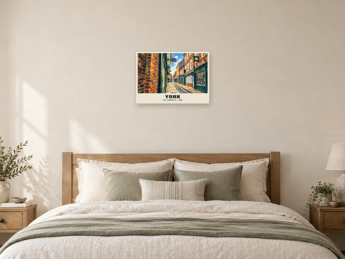 The Shambles, York Gouache Poster at A2, as a poster, above a bed