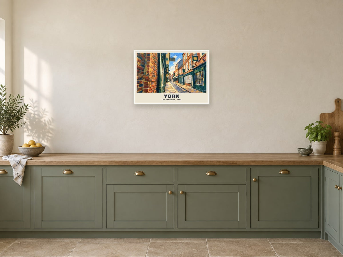 The Shambles, York Gouache Poster at A2, in a white frame, in a kitchen