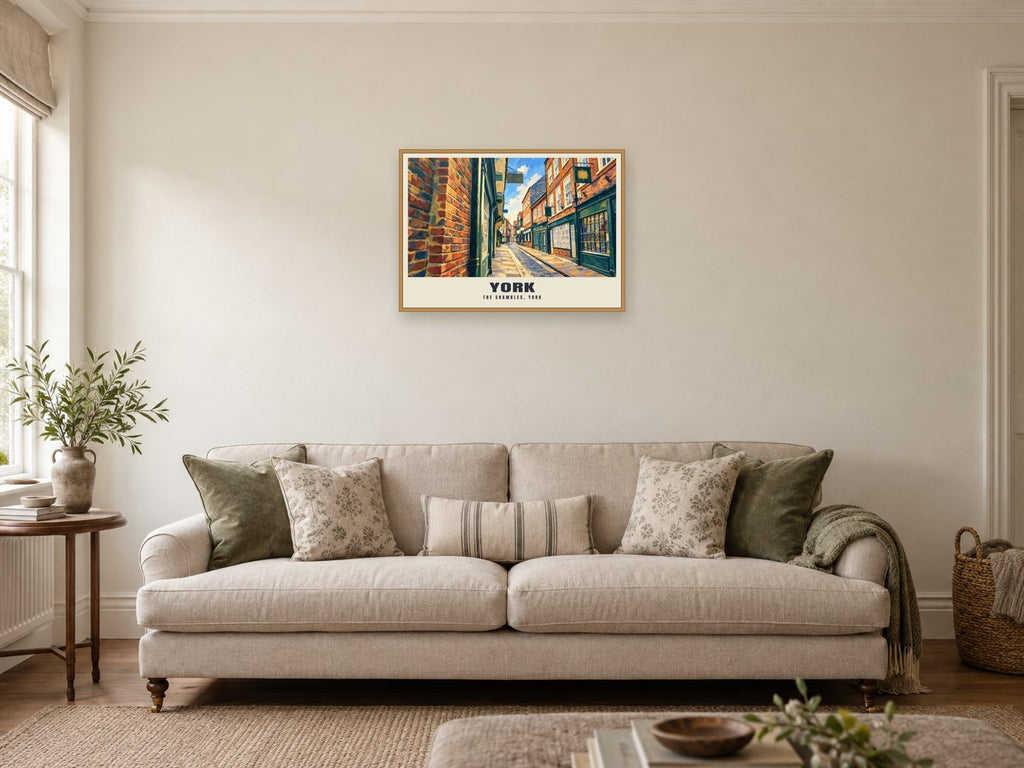 The Shambles, York Gouache Poster at A2, in a natural wood frame, in a sitting room