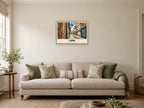 The Shambles, York Gouache Poster at A2, in a natural wood frame, in a sitting room