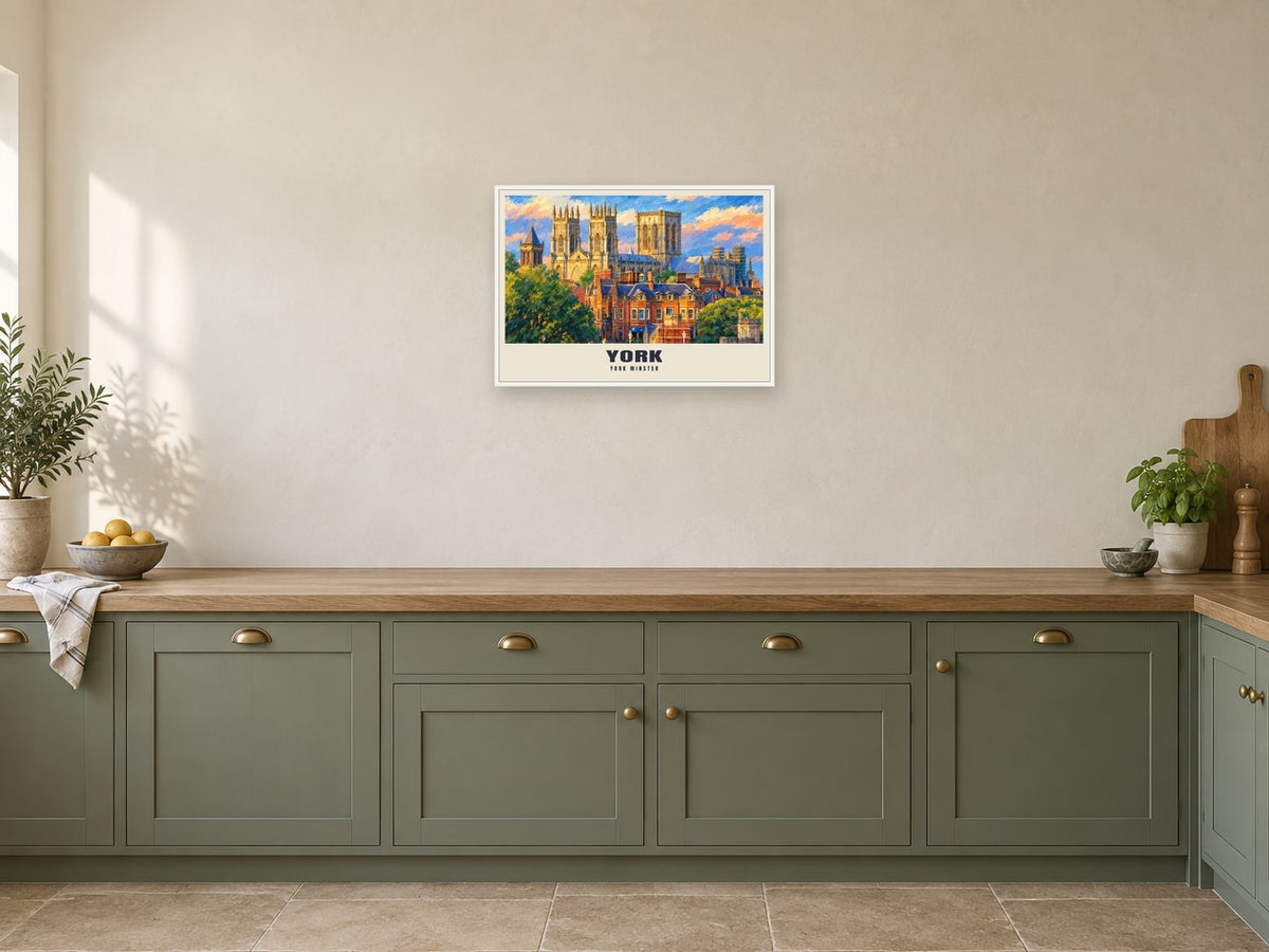 York Minster Gouache Poster at A2, in a white frame, in a kitchen