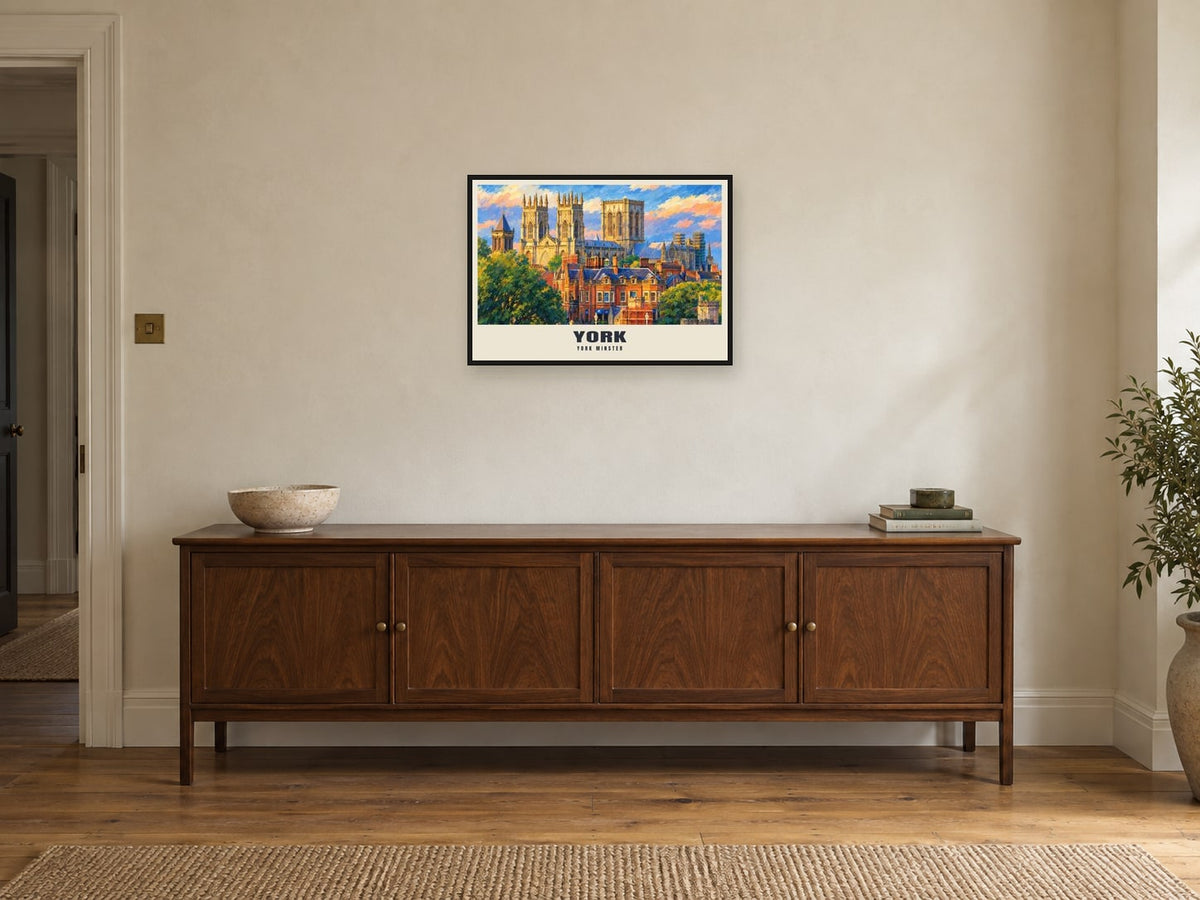 York Minster Gouache Poster at A2, in a black frame, above a sideboard