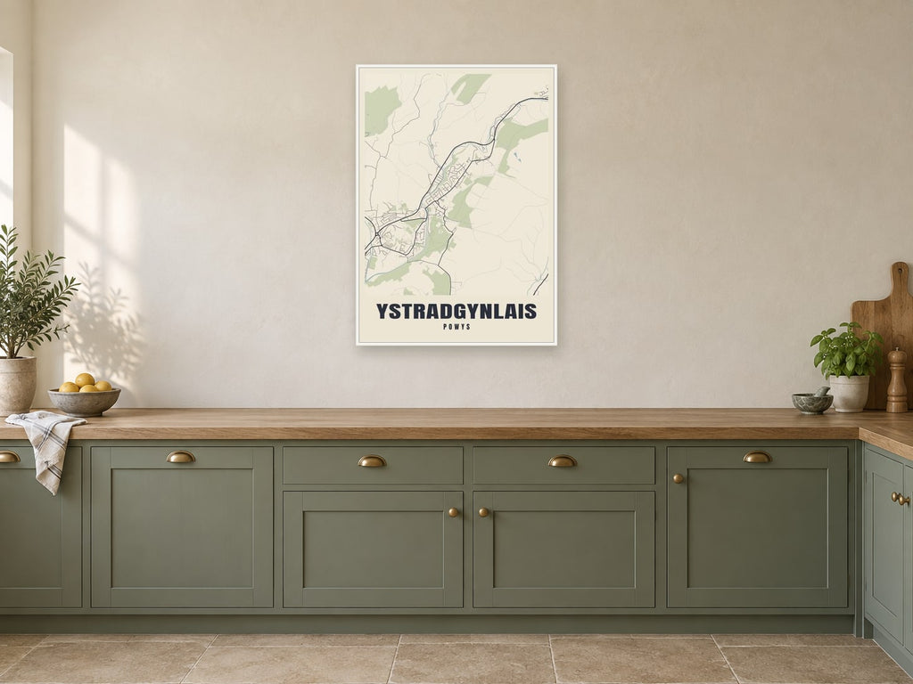 Ystradgynlais Street Map Poster at A1, in a white frame, in a kitchen