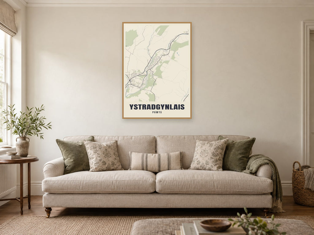 Ystradgynlais Street Map Poster at A1, in a natural wood frame, in a sitting room