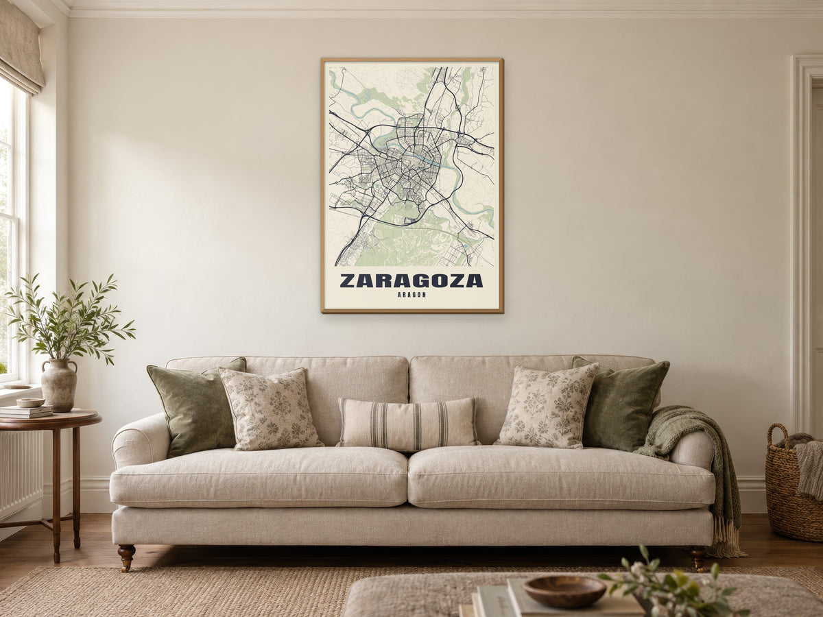 Zaragoza Street Map Poster at A1, in a natural wood frame, in a sitting room