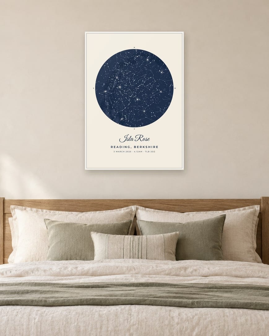 Example personalised birth star map displayed in a room
